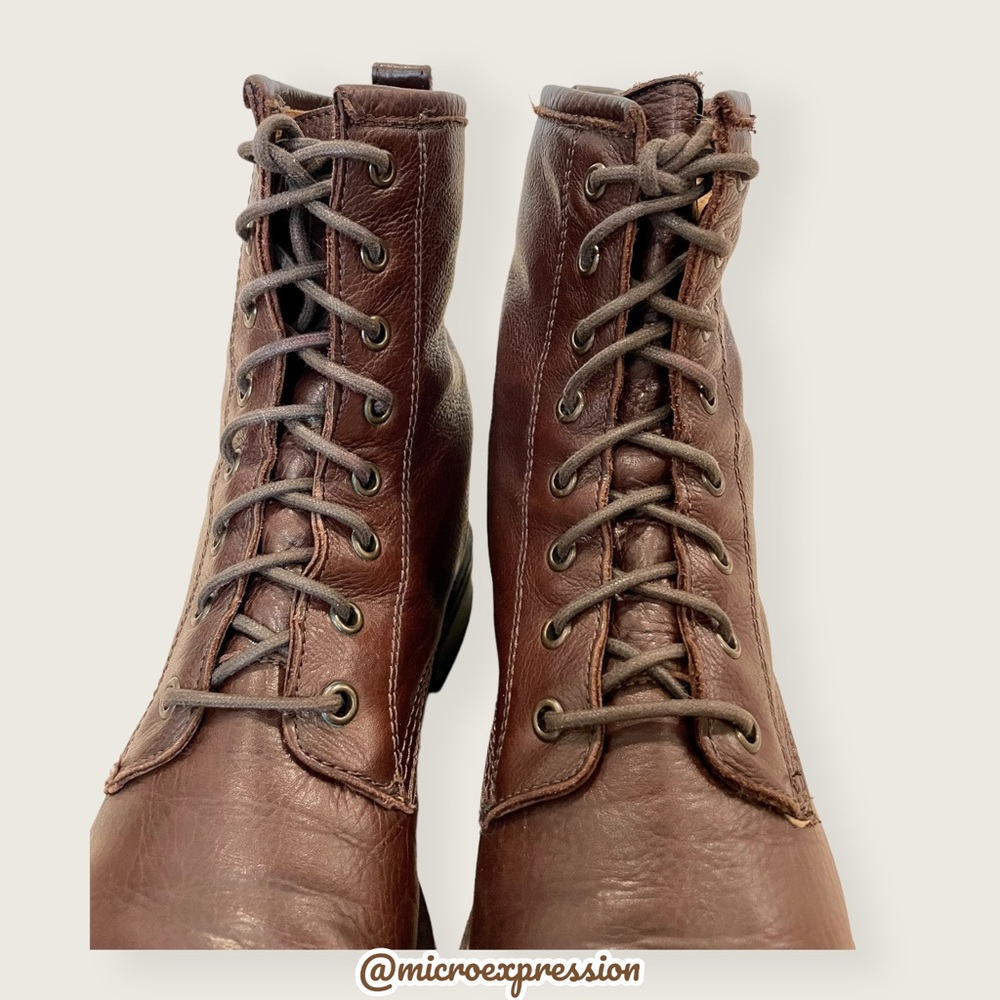 $378 Frye Veronica Combat Brown Leather Lace Up Moto Combat Comfy Ankle Boot - Picture 14 of 16